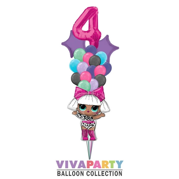 19 pc LOL Super Shape Diva with Solid Star and Latex Balloon Bouquet 19 pc, 4th Birthday, Hot Pink Number 4 Jumbo Balloon | Viva Party Balloon Collection