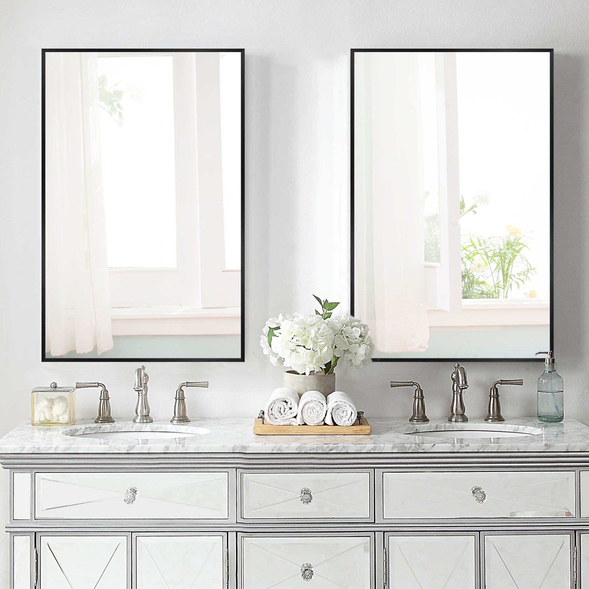 38"x26" Rectangle Wall Mounted Mirror Aluminum Framed Mirror,Black Set of 2