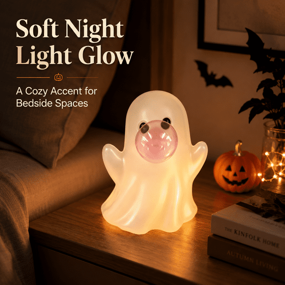 Halloween Iridescent Blow Mold Ghost with Bubble Light Decor, Cute Halloween Tabletop Ornament with Soft Decorative Glow, Seasonal Desktop Accent for Bedroom/Shelf/Office/Home/Party Display, Pink
