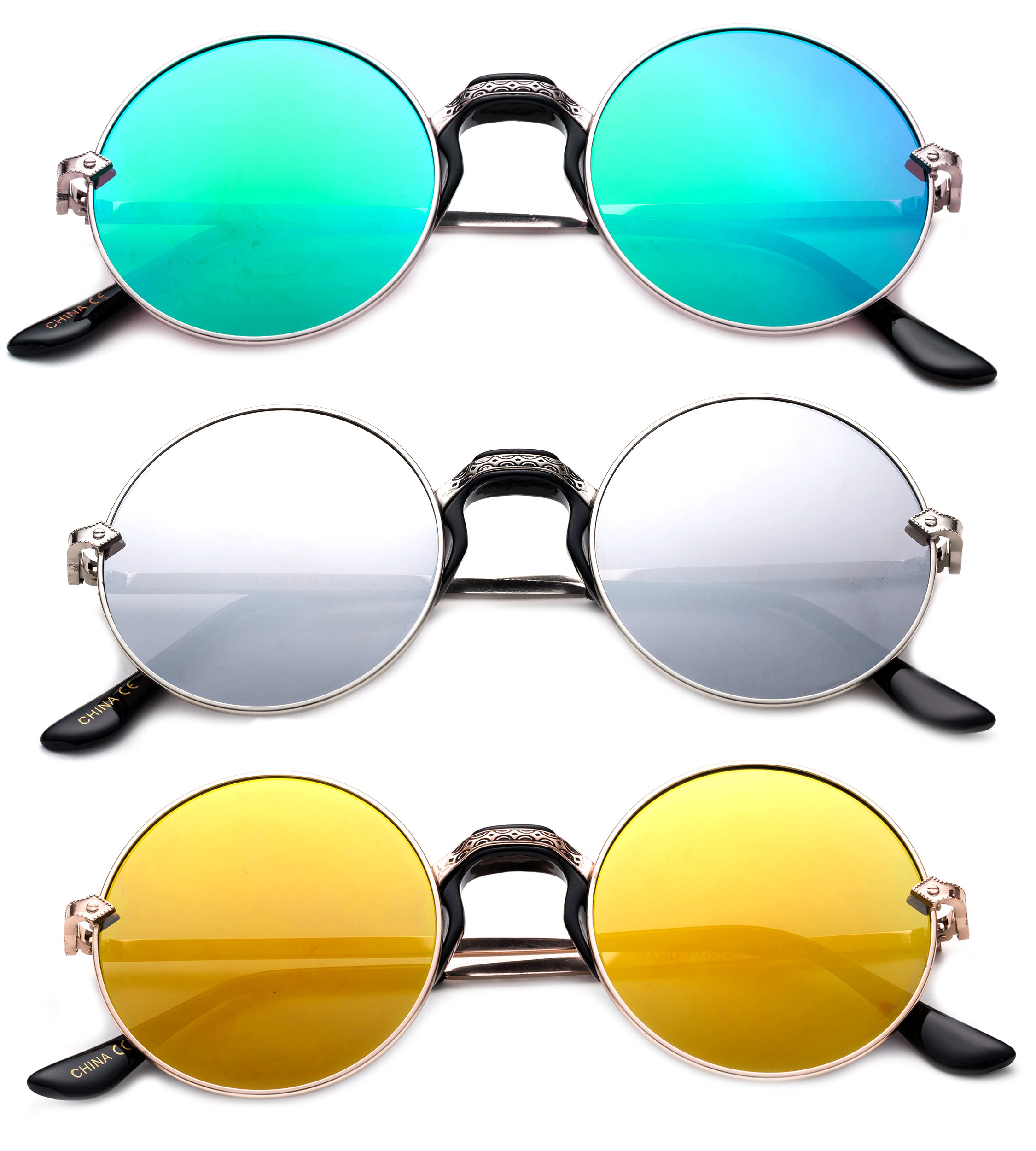 3 Pack Round Metal Frame Comfort Plastic Nose Bridge Fashion Sunglasses for Women for Men, Green, Yellow & Mirror - image 1 of 2