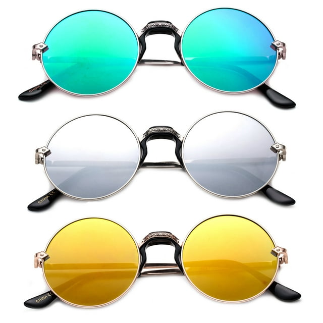3 Pack Round Metal Frame Comfort Plastic Nose Bridge Fashion Sunglasses for Women for Men, Green, Yellow & Mirror