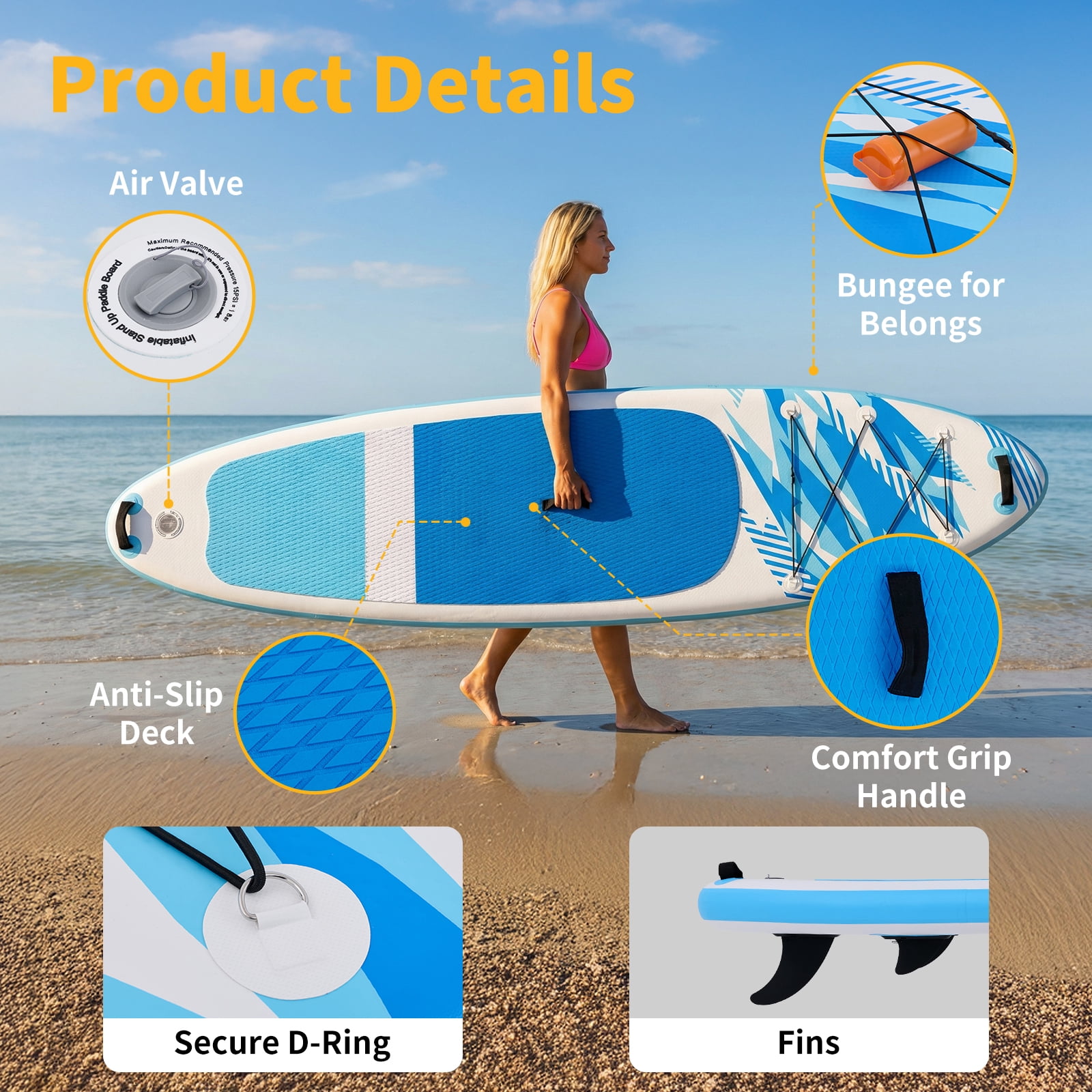 JIOABL 10'5" Inflatable Stand Up Paddle Board, Wide Stable Design, Non-Slip Deck, with Premium SUP Paddle, Pump, Backpack & Leash, Blue White