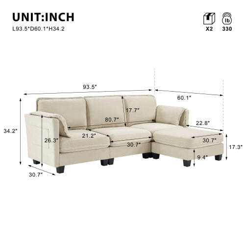 Howcool Cloud Couch Modular Sectional Sofa 3 Seat 93" L Shaped Convertible Couch Chenille Thick Cushion with Ottoman, Removable & Washable Cover for Living Room,Beige