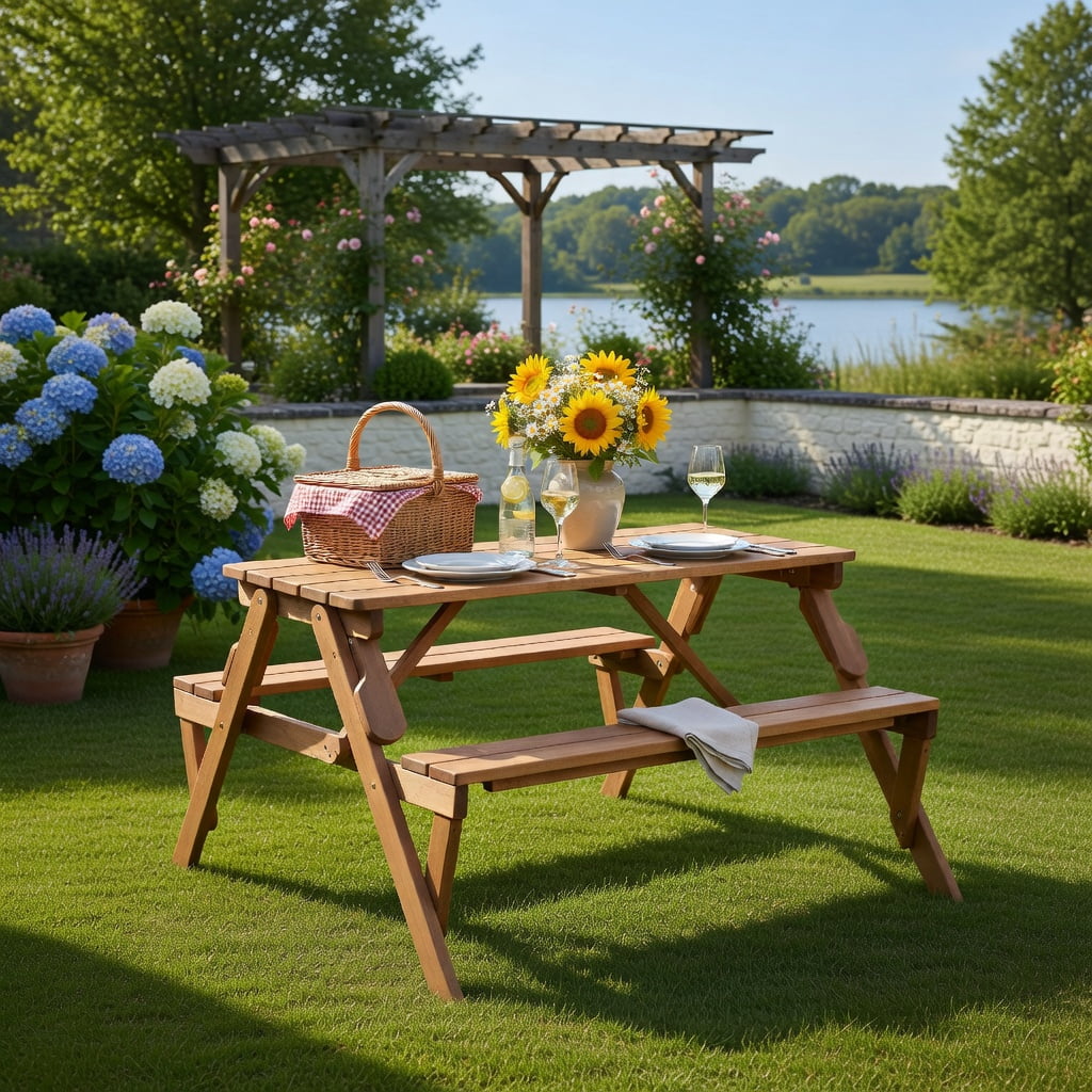 Hommoo 2-in-1 Transformable Wooden Picnic Table & Garden Bench with Umbrella Hole, Fir Wood Outdoor Furniture for Patio, Backyard, or Deck, Dark Brown