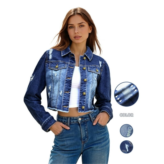 PAOLA RIBONI Women's Crop Denim Jacket Casual Long Sleeve Ripped Frayed Hem Jean Stretchy Jackets High Elasticity