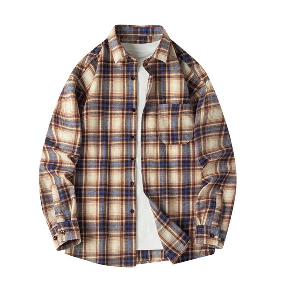 Lovzfmll Men's Long Sleeve Plaid Shirt, Collar Pocket Button Closure, Classic Check Pattern Top for Everyday Wear Yellow, M