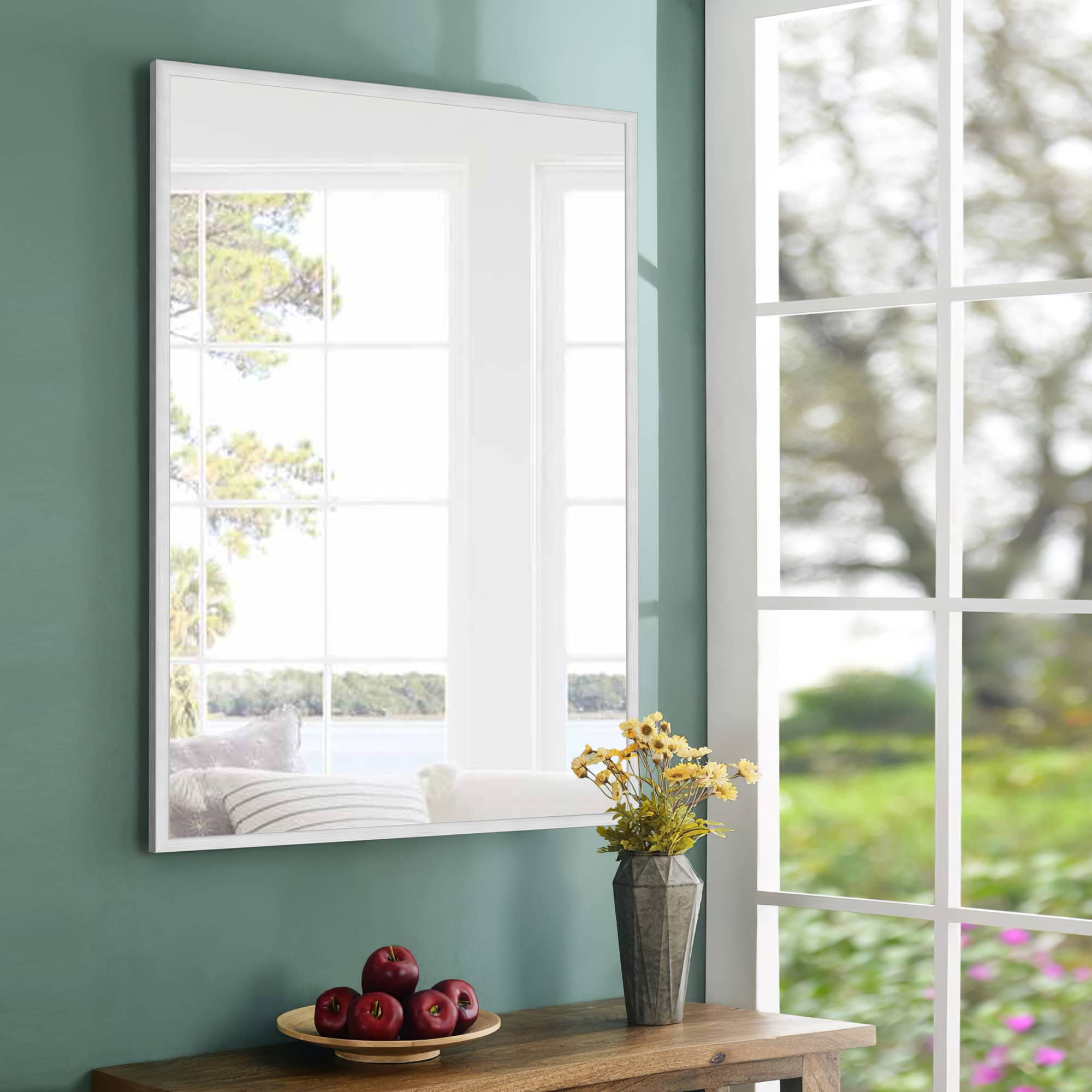 MAYEERTY 36"x24" Aluminum Alloy Rectangular Hanging Mirror, Mid-Century Bathroom Mirror, Silver