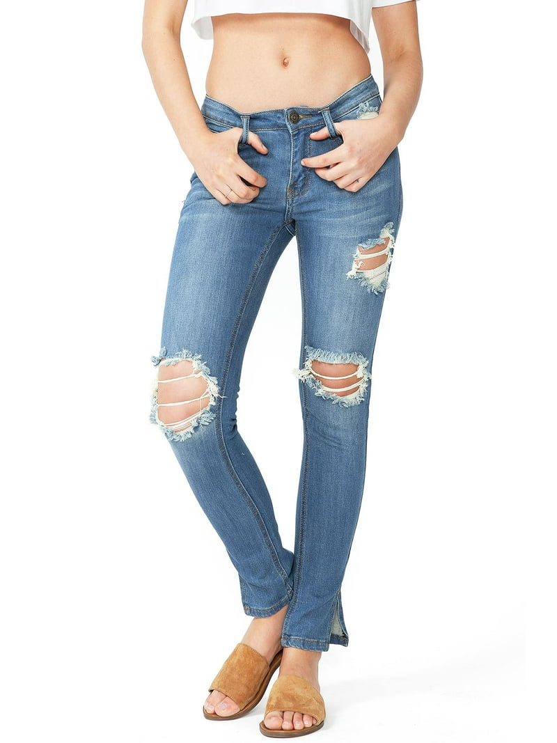 Machine Jeans Juniors Mid Waist Distressed Ankle Slit Jeans