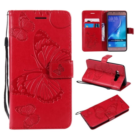 Galaxy J5 2016 Case, Galaxy J5 J510 Case - Allytech Premium Wallet PU Leather Embossed Butterfly Protecive Case Card Holders Flip Cover with Hand Strap for Samsung Galaxy J5 J510 (2016), Red