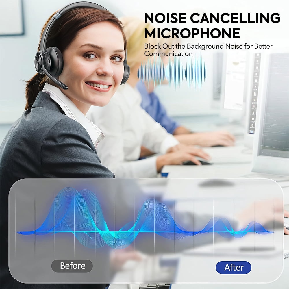 Bluetooth Headset V5.3, Superior Stereo Vibration Sound with Active Noise Cancelling Microphone, Dual Device Connection, 45H Talk Time Comfortable On-Ear Wireless Headphones for Phones, Computers