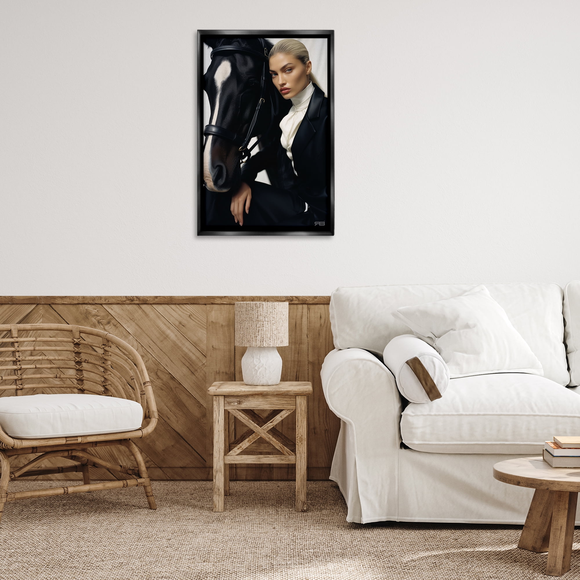 Stupell Industries Fashionable Equestrian Girl People Painting Black Floater Framed Canvas Art Print Wall Art, 21 x 31