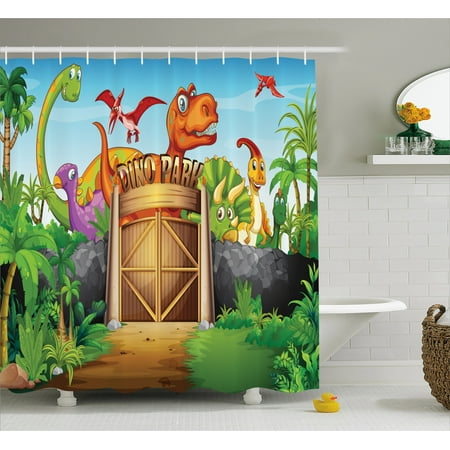 - Zoo Shower Curtain, Dinosaurs Living in Park Cartoon Prehistoric Wildlife Forest Trees Door Illustration, Fabric Bathroom Set with Hooks, 69W X 75L Inches Long, Multicolor, by Ambesonne