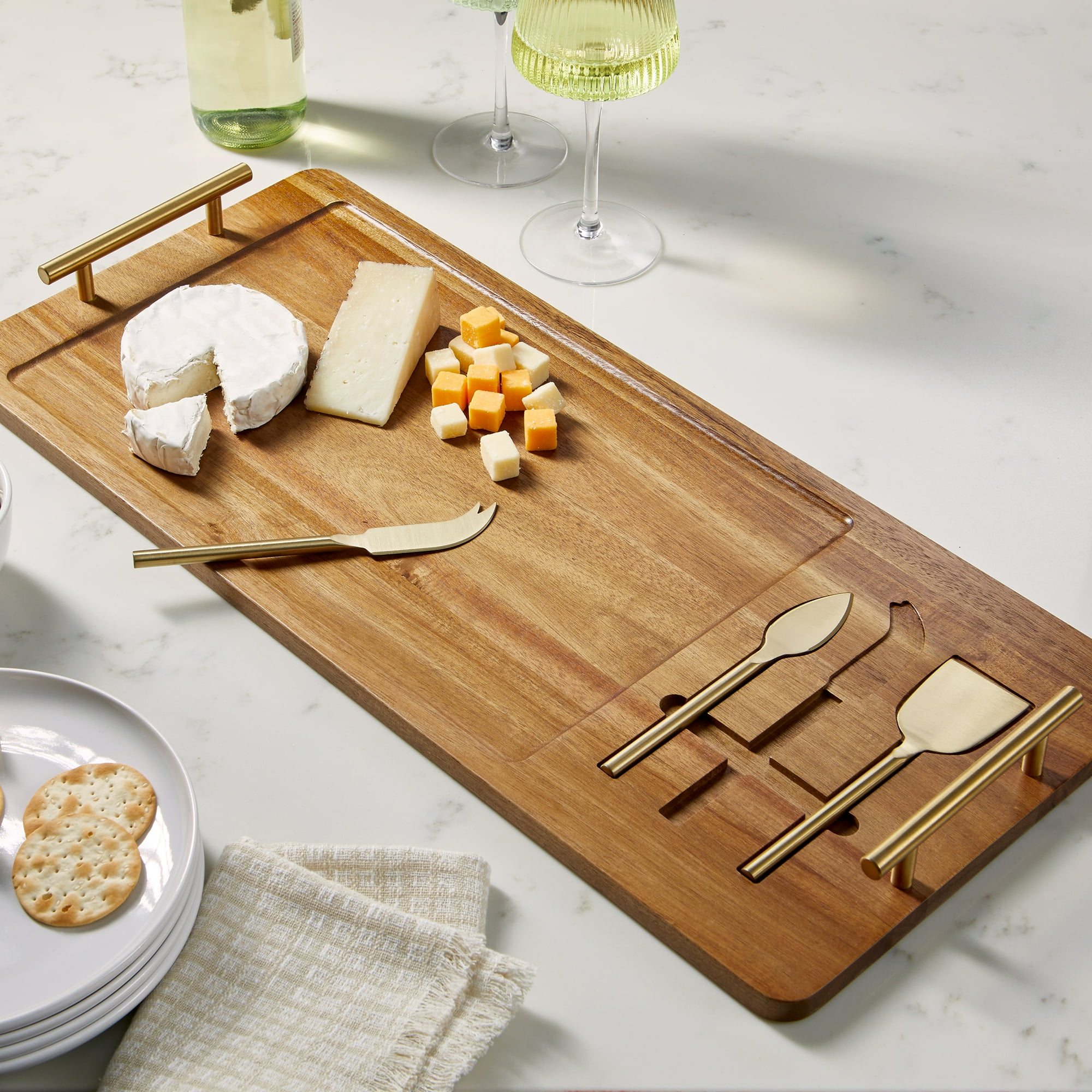 Better Homes & Gardens, Acacia Board with Cheese Tools, 22 W x 11.22 D x 1.96 H in, Kitchen