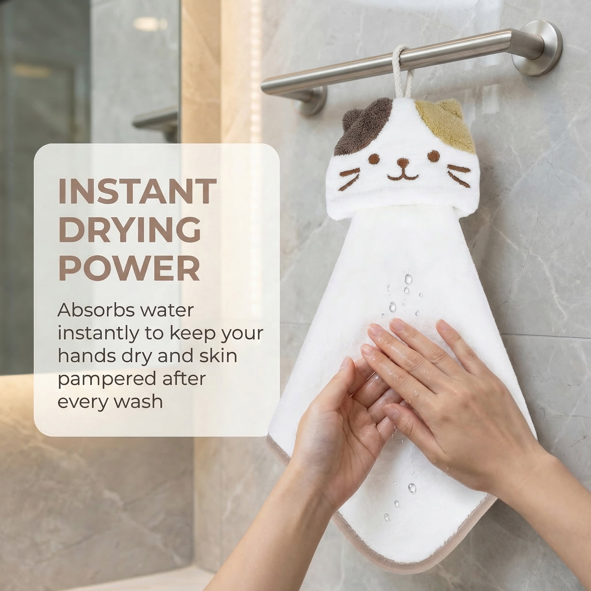 Unique Bargains Animal Hanging Soft Absorbent Hand Towel White Cat/Pink Rabbit 15" x 8"