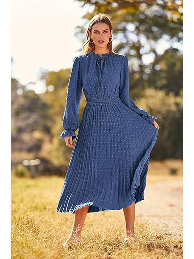 Prettygarden Women's Spring Fall Midi Dress Casual Long Sleeve V Neck Swiss Dot Pleated A Line Flowy Dresses, Size: 2XL, Blue