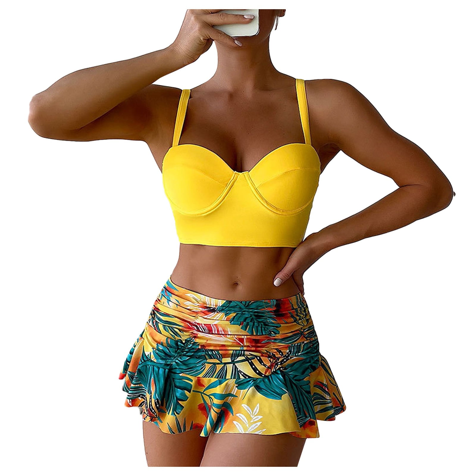 QWERTYU Women's Ruched Sexy Swimsuit High Waisted Skirt Push Up Two Piece Bathing Suit Leaf Print Bikini Sets Yellow L