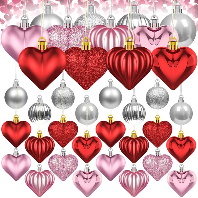 Quimoy 36 Piezas Adornos Del Día De San Valentín Para Árbol Rojo Rosa Plata Brillo Decoraciones Del Día De San Valentín Románticos Adornos De Corazón De San Valentín Decoraciones Para El Hogar Decorac