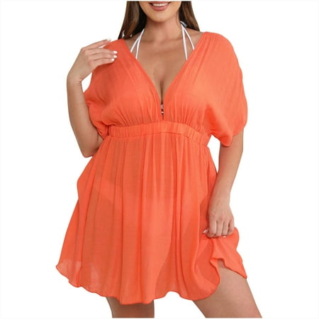 BangWanChi Maxi Dresses for Women 2024 ClearanceSummer Oversized Women s Dress with Waistband and Large Hem Pleated Beach Bikini Cover Up Dress Short Sleeved V-neck Knee Length Dress