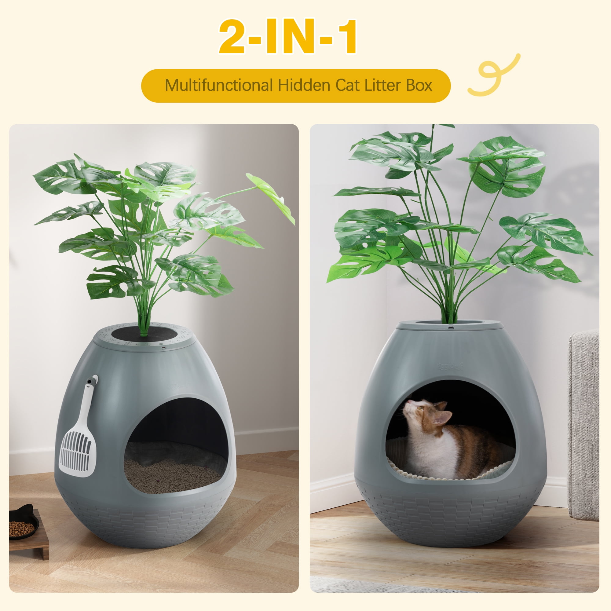Jaxpety Smart Plant Cat Litter Box,Hidden Cat Litter Box with Deodorization System, Exhaust Fan,Light, Scoop, Artificial Plants for Apartments and Offices Living Room Bedroom