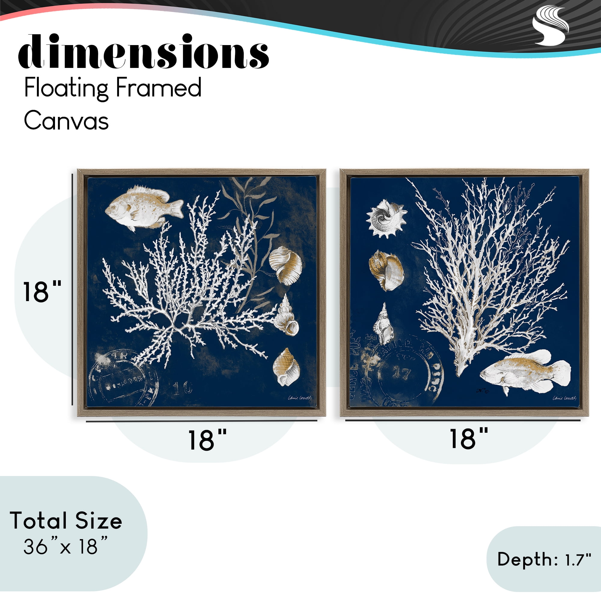 Stupell Industries Navy Coral Medley 2 Piece Brown Framed Floater Canvas Set, design by Lanie Loreth