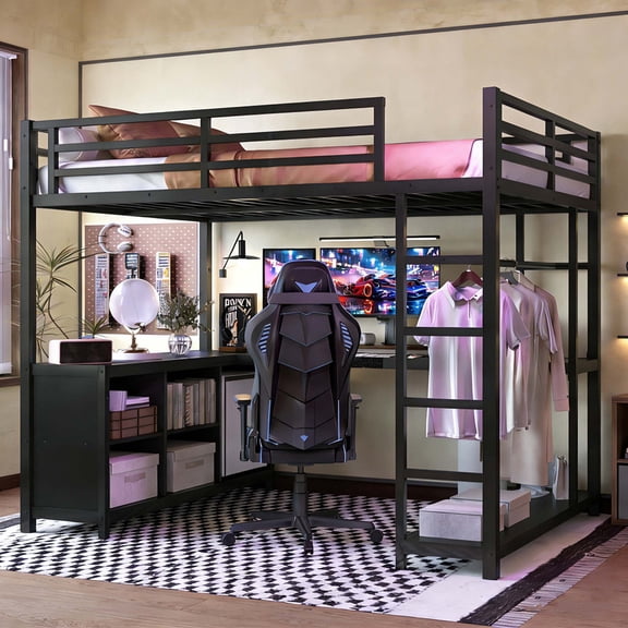 Bellemave Loft Bed with Desk and Storage, Full Size Loft Bed with Wardrobe and Hanging Rod, Metal Loft Beds Full with Shelves, Noise-Free, Space-Saving, No Box Spring Needed (Full,Black)