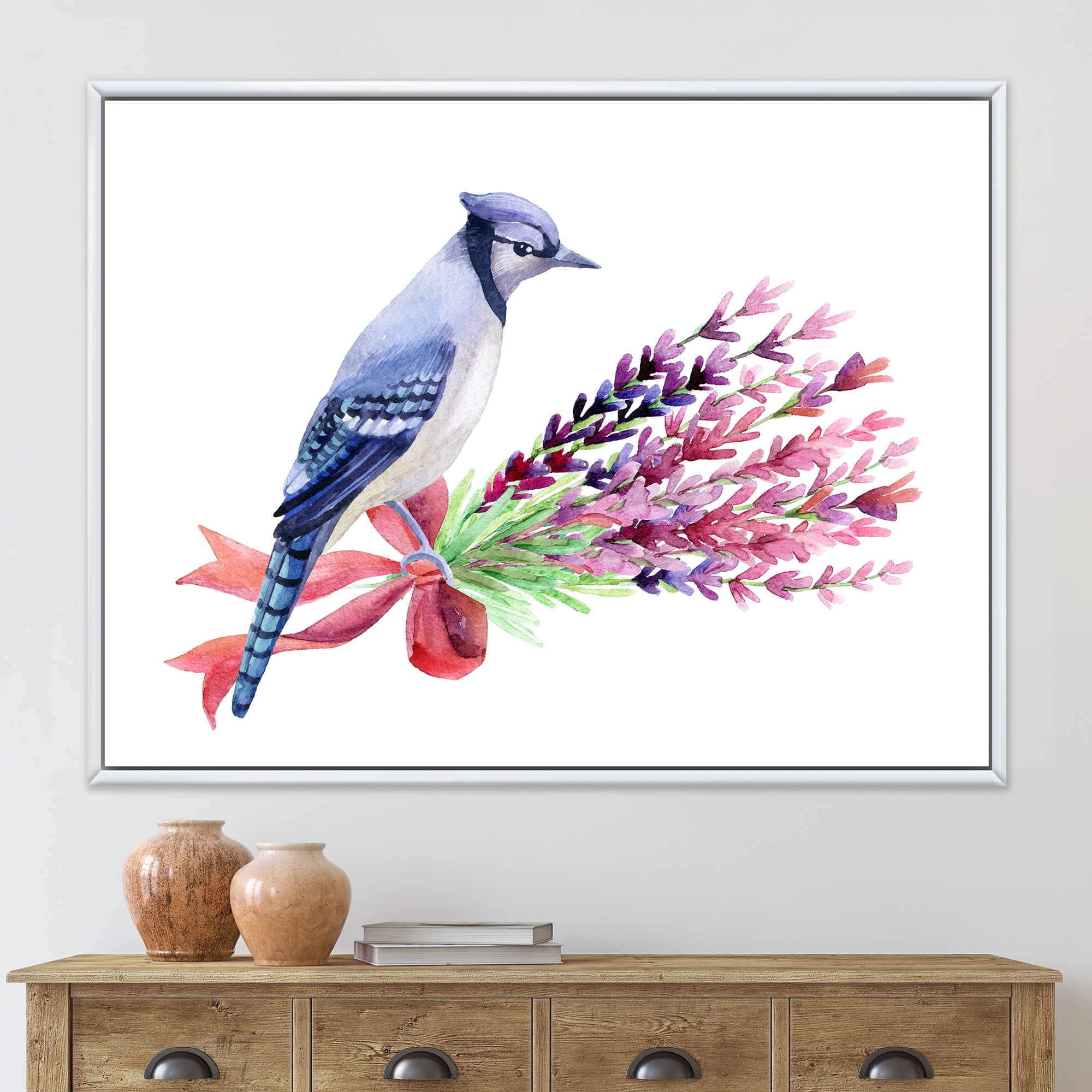 Designart 'Blue Jay Bird On Bouquet Of Pink Flowers' Traditional Framed Canvas Wall Art Print