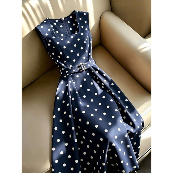 Blue Polka Dot Square Neck Sleeveless Belted Waist Fit & Flare Midi Dress