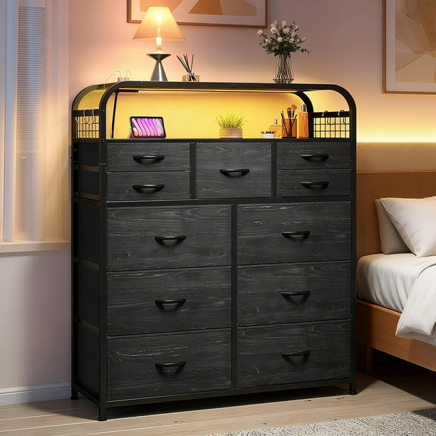 Mueble de Almacenaje, Tocador de Tela no Tejida con luz LED y Enchufe, 11 Cajones, 4 Ganchos, Ideal para Dormitorios, Salones y Recibidores, 90 x 28 x 120 cm (Negro)