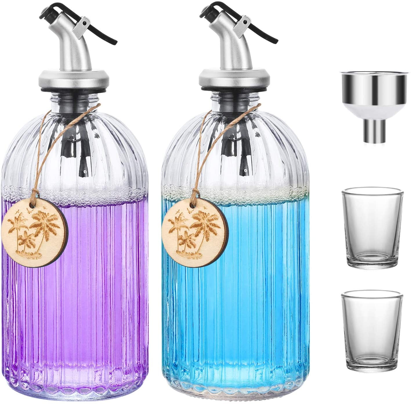 Clear Glass Mouthwash Dispenser - Refillable Glass Bottle with Pour Spout, Shot Glass, Funnel and Labels, Stylish Bathroom Dispenser with Blank Wooden ...