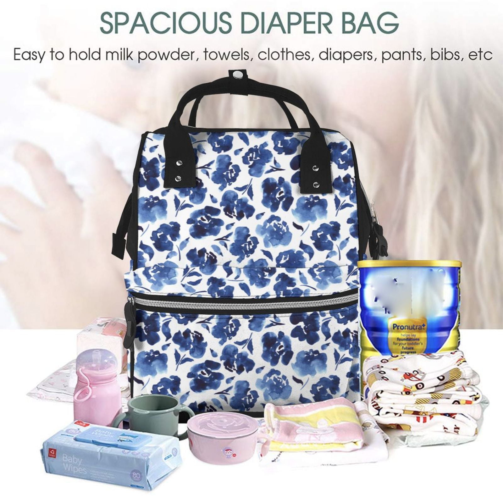 Ratiio Blue Ink Flowers Mummy Backpack - Waterproof Twill Canvas, Large Capacity Diaper Bag with Multiple Pockets and Adjustable Straps