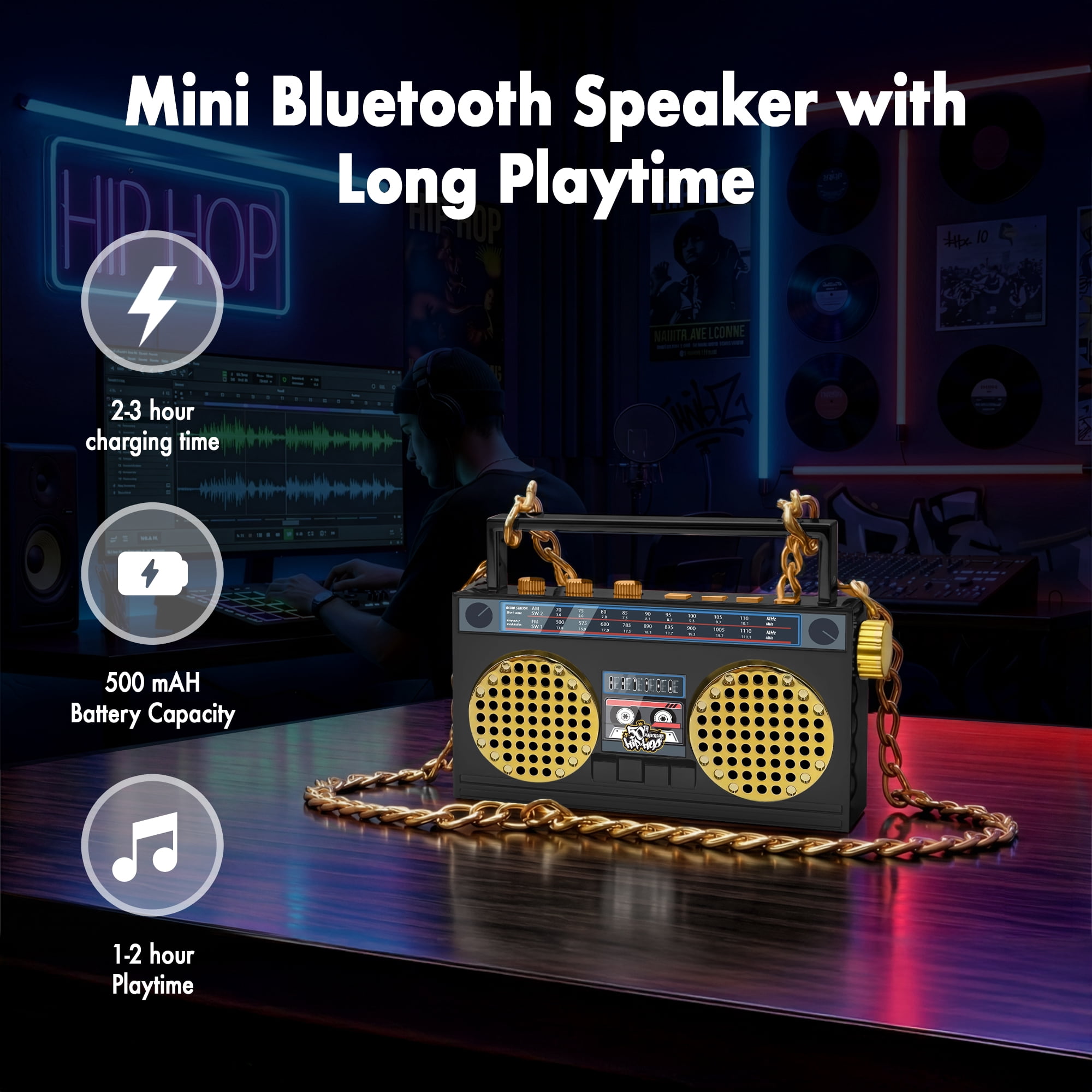 Portable Mini Bluetooth Wireless Speaker Retro Wearable Boombox with 27 Inch Necklace, FM Radio, On Board Buttons, with Dual 6W Peek Power Micro Speakers, and Long Lasting Battery