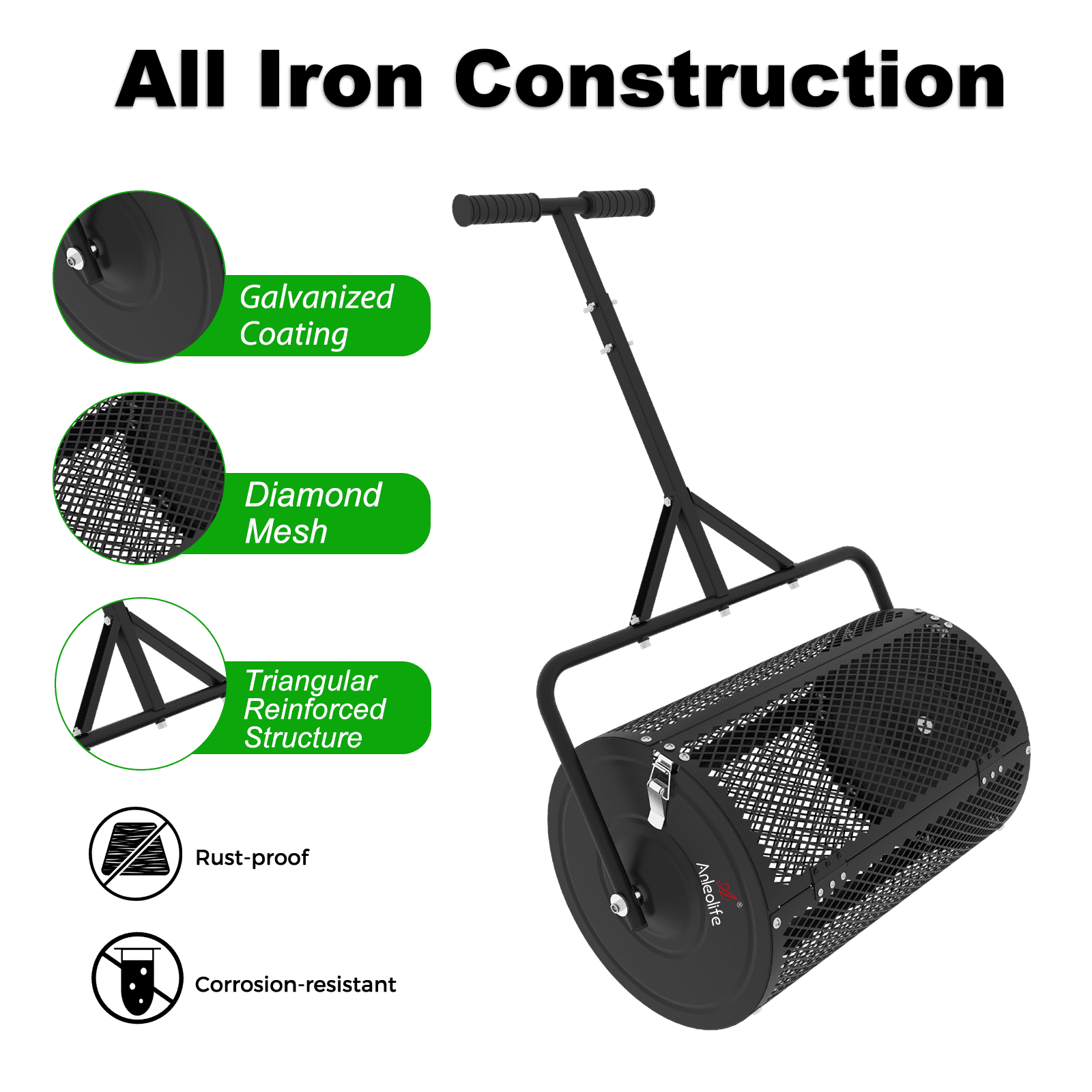 TRAMULL 24 Inch Compost Spreader, Lawn and Garden Peat Moss Roller with Side Latches, 24-31.1" Height Adjustable Handle, Galvanized Metal Mesh Basket for Spreading Topsoil, Manure, Mulch, Black