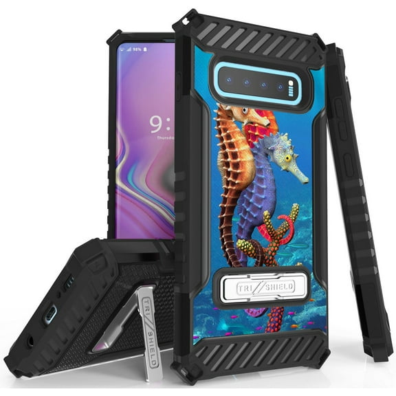 Case for Galaxy S10 Plus, Tri-Shield [ADORABLE ANIMAL SERIES] Rugged Military-Grade Cover with Metal Kickstand [SEAHORSES DESIGN] for Samsung Galaxy S10 Plus Phone (SM-G975) s10 