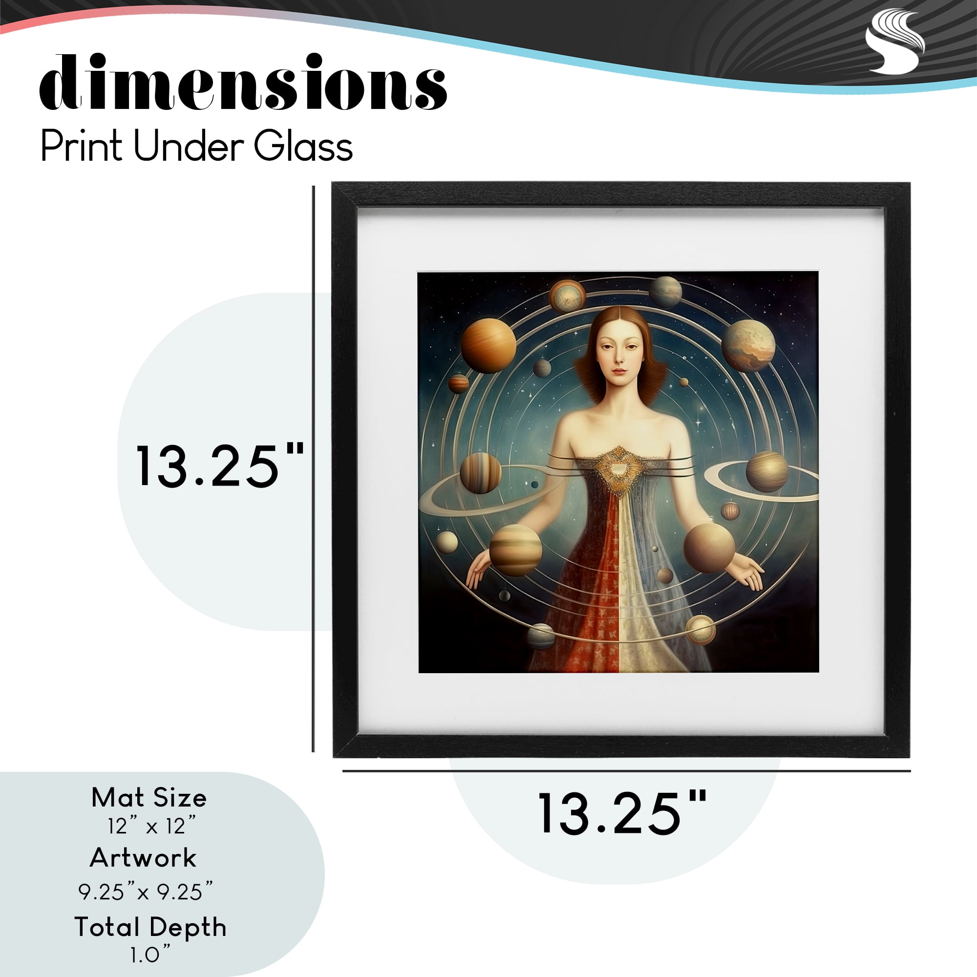 Galactic Orbits Woman Black Framed Print Under Glass, design by Sasha