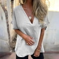 thumbnail image 3 of Lenpel Women's Cotton Linen Tops Fashion Short Sleeve Deep V Neck Side Button Loose T-Shirts Summer Casual Blouses, 3 of 4