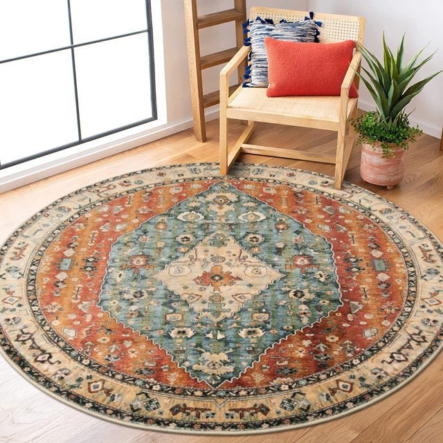 Alfombra redonda Lahome Boho Tribal de 150 cm, lavable, color azul oxidado y opaco