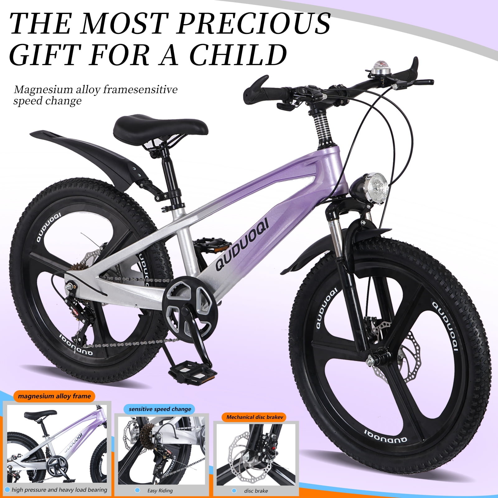20 Inch Mountain Bike, 7-Speed Youth Bicycle with Magnesium Alloy Frame & One-Piece Wheels(Purple)