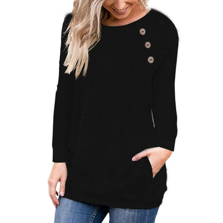 Womens Ladies Casual Long Sleeve Pullover Sweater Buttons Jumper Tops