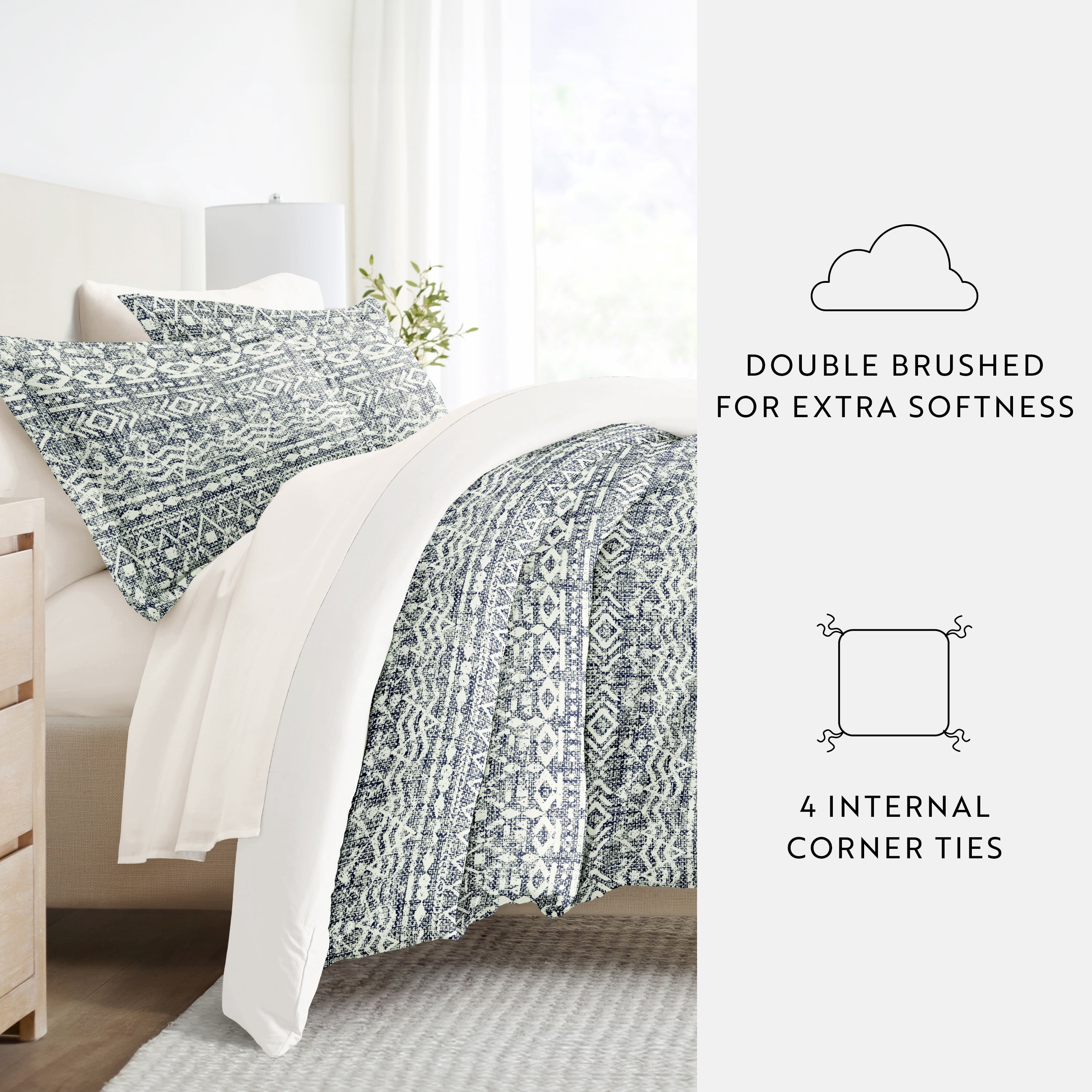 Noble Linens 8 Piece Patterned Duvet Bedding Bundle, Modern Rustic Navy, Cal King