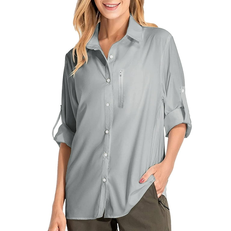 Huaai Womens Plus Size Casual Tops UPF 50+ Sun Long Sleeve Outdoor Shirts  Cool Quick Dry Fishing Hiking Shirt Grey XXXL 