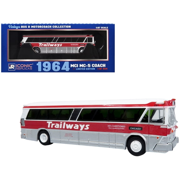 1964 MCI MC-5A Coach Bus White with Red Stripes "Vintage Bus & Motorcoach Collection" 1/87 (HO) Diecast Model by Iconic Replicas