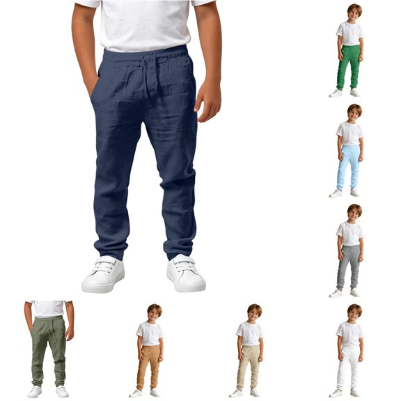 YMNXA Kids Boys Casual Pants Elastic Waist Drawstring Solid Color Comfortable Lightweight Trousers For Daily Wear And School,Navy,13-14 Years