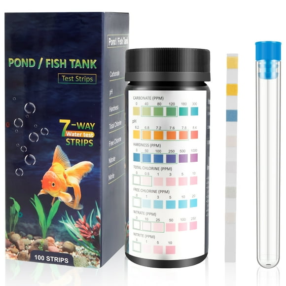 Grusce 100Pcs Aquarium Test Strips 7 in 1 Fish Tank Test Kit with Test Tube Fast Accurate Aquarium Water Testing Strips for Carbonate Root pH Hardness Total Chlorine Free Chlorine Nitrate Nitrite