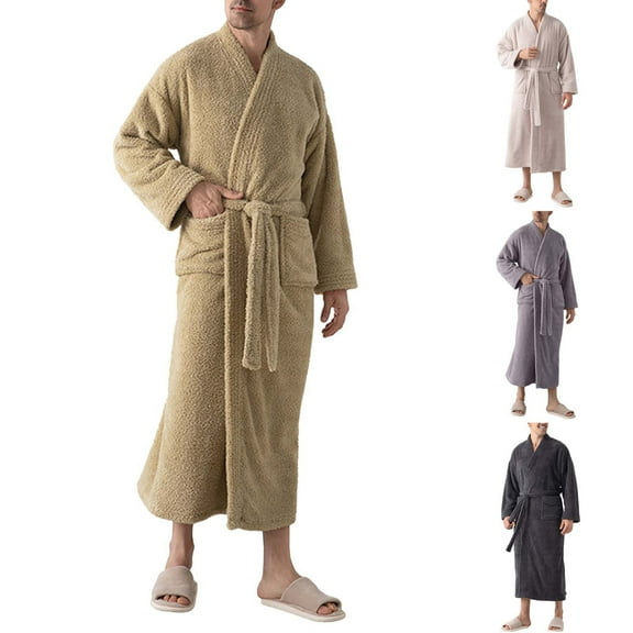 RYDCOT Mens Solid Color Casual Home Robe , Plush Fleece Mens Bathrobe, Long Sleeve Bath Robe for Men Yellow