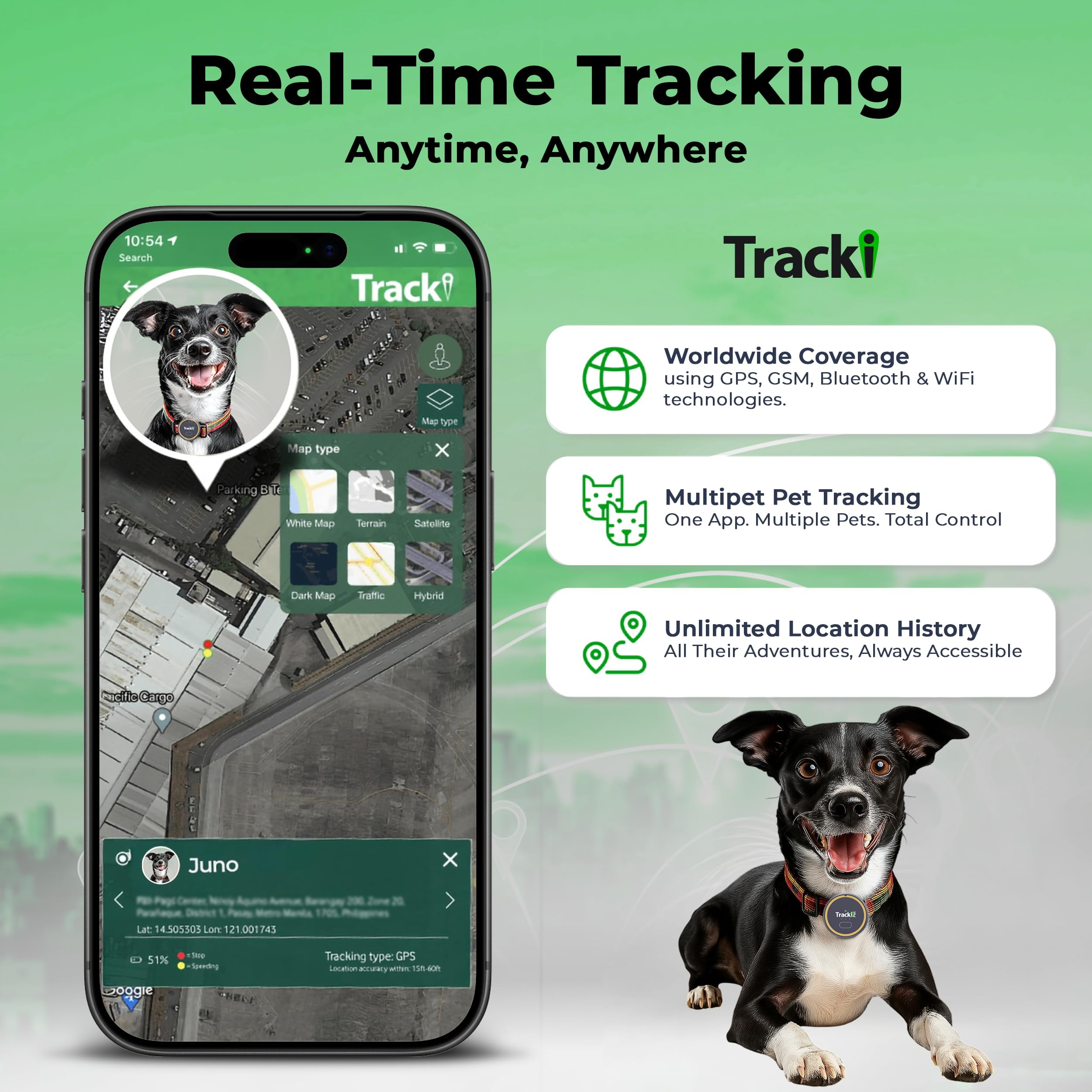 Tracki Dog GPS Tracker  for Dogs – Smart Alerts, Geo-Fence, Waterproof, Collar-Compatible – Long-Life Battery – iOS & Android  Subscription Required