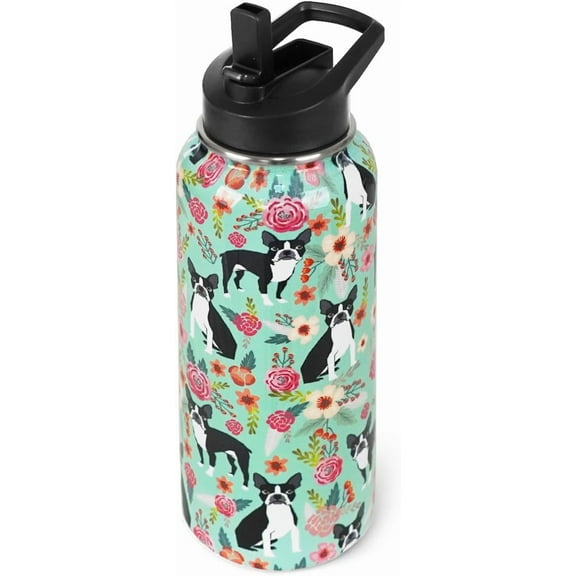 32oz Boston Terrier Stainless Steel Tumbler - Double Walled Vacuum Insulated, Leak Proof Travel Cup with Straws | Dog Mom Gift, Sports Water Bottle