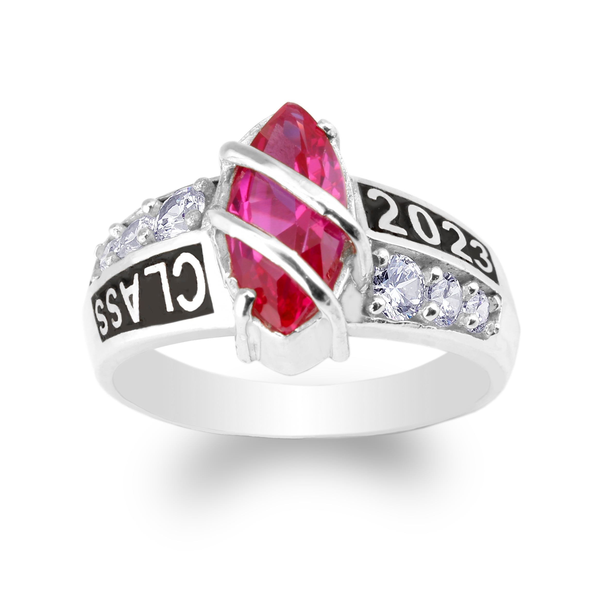 Marquise2Bars CLASS RING Year 2023 10K White Gold Graduation Class of 2023  Ring with Ruby Marquise CZ Class of 2023 (nvd2d) Size 10