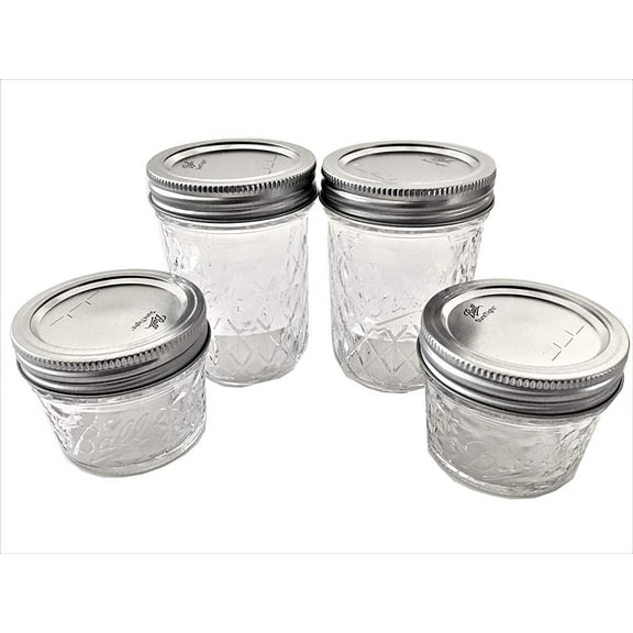 Ball Mason Jelly Jars-Two 8 oz, Two 4 oz.- Quilted Crystal Style-Set of 4