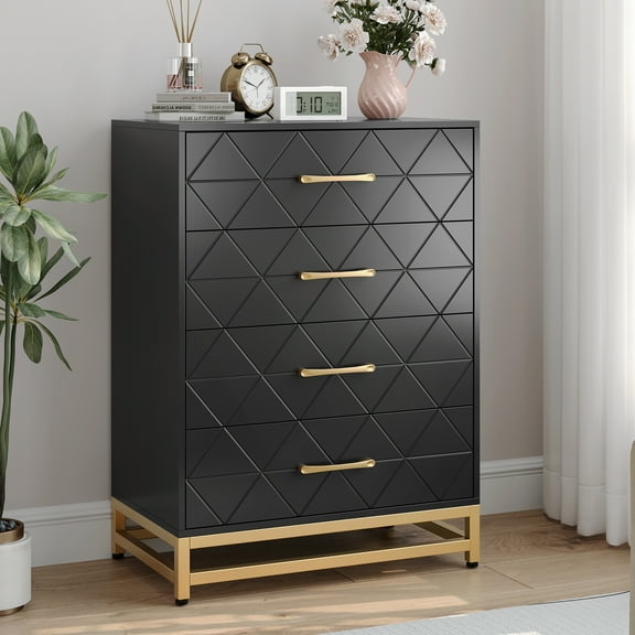 KOKEBREN Black 4-Drawer Dressers for Bedroom Closet Tall Wood Dresser Chest of Drawers with Soft-Close Glides,Black