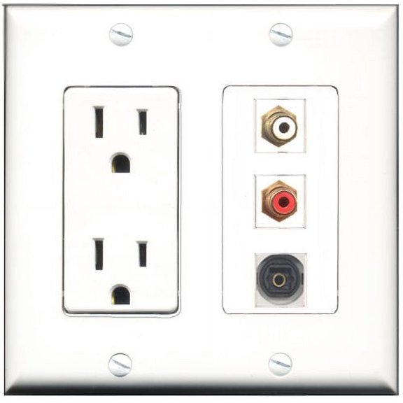 RiteAV - 15 Amp Power Outlet 1 Port RCA Red 1 Port RCA White 1 Port Toslink Decorative Wall Plate